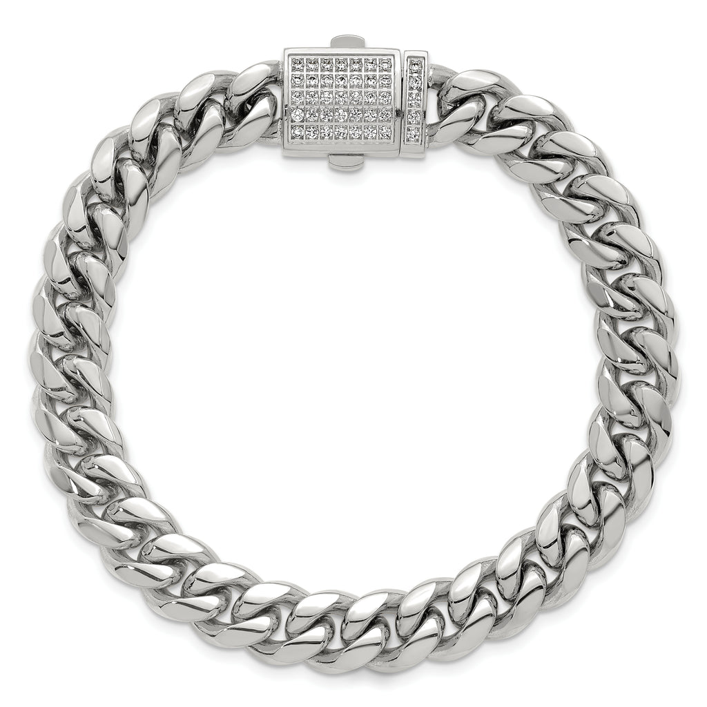 Polished Cubic Zirconia Stainless Steel Curb Chain Bracelet 10mm