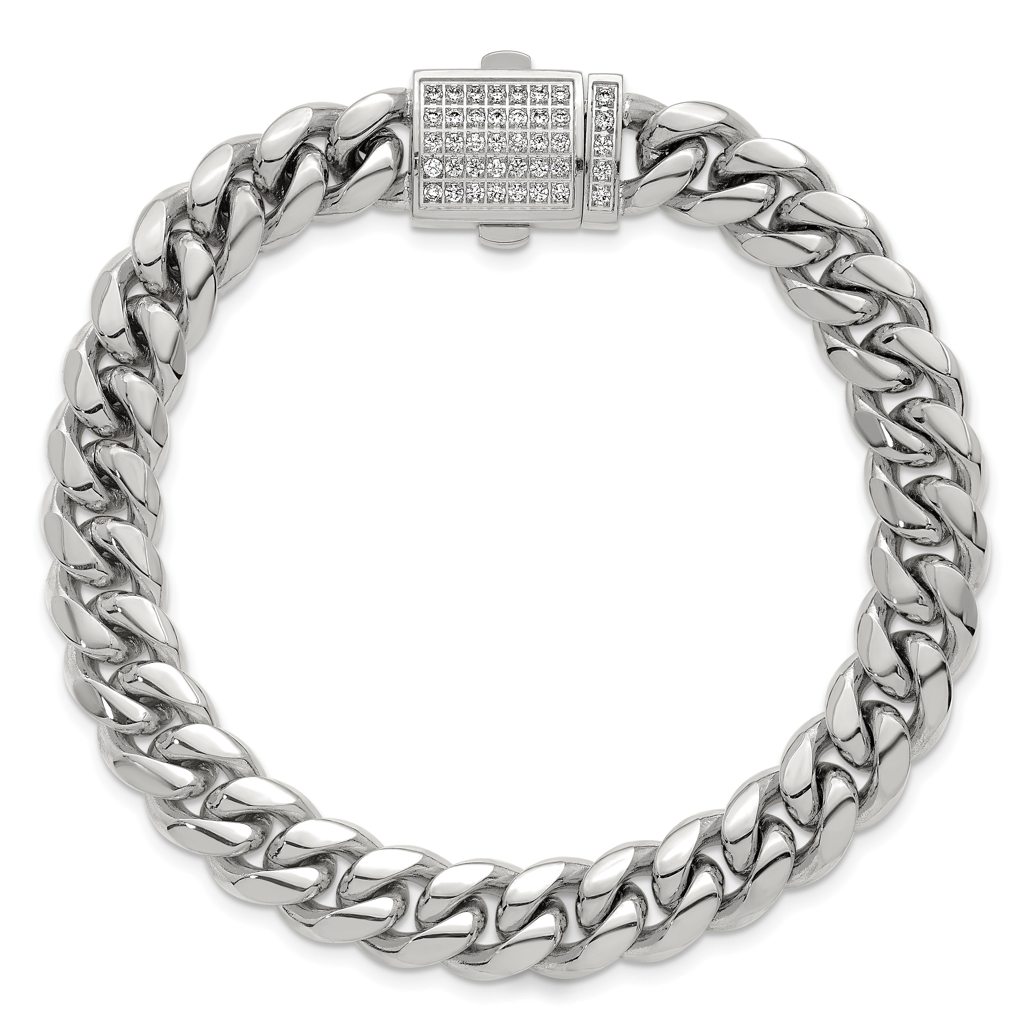 Polished Cubic Zirconia Stainless Steel Curb Chain Bracelet 10mm
