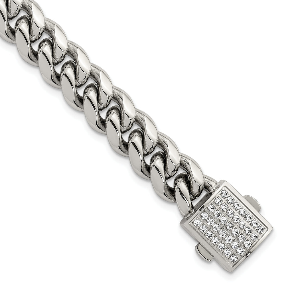Polished Cubic Zirconia Stainless Steel Curb Chain Bracelet 10mm