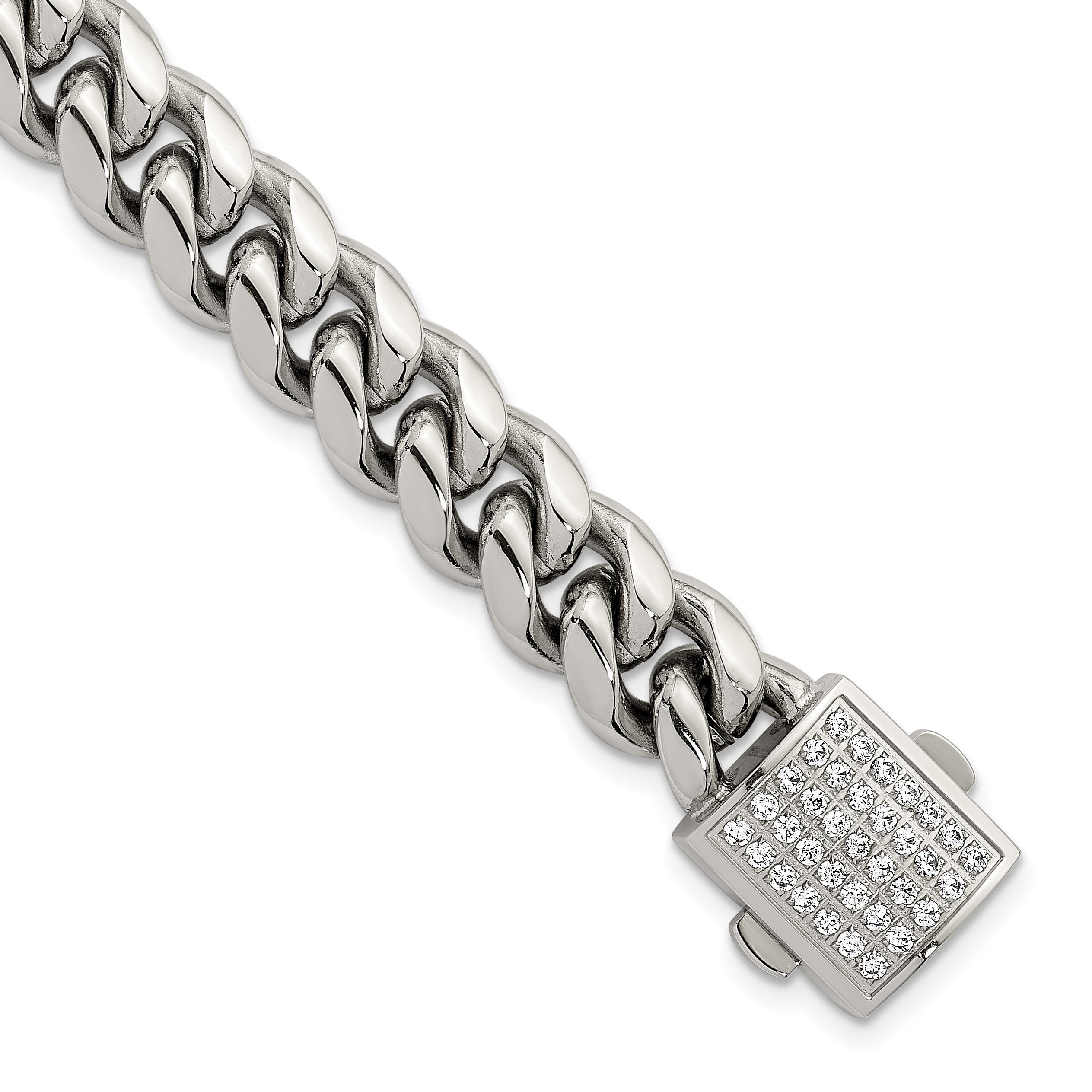 Polished Cubic Zirconia Stainless Steel Curb Chain Bracelet 10mm