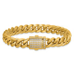 Gold-Tone Polished Cubic Zirconia Stainless Steel Curb Chain Bracelet 10mm