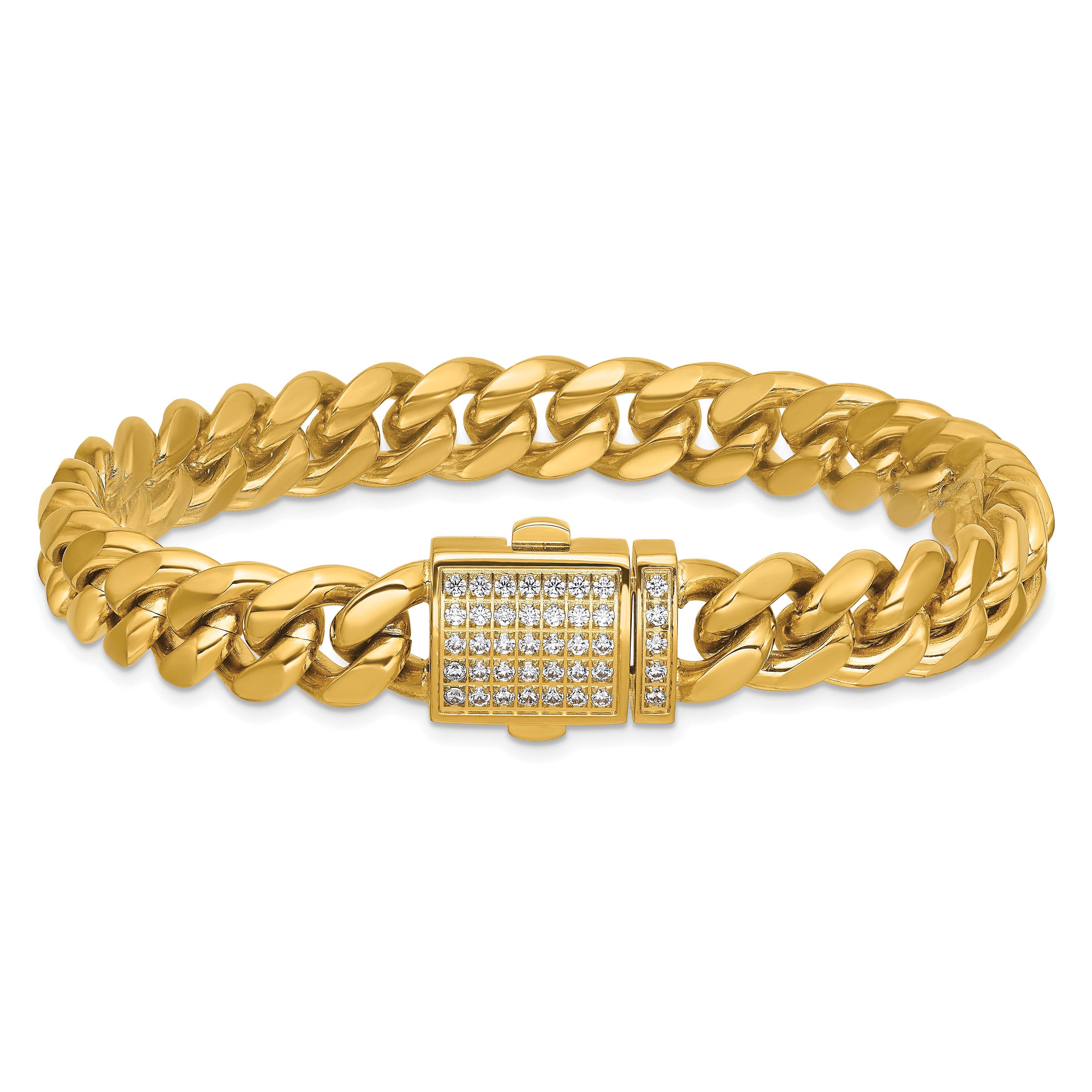 Gold-Tone Polished Cubic Zirconia Stainless Steel Curb Chain Bracelet 10mm