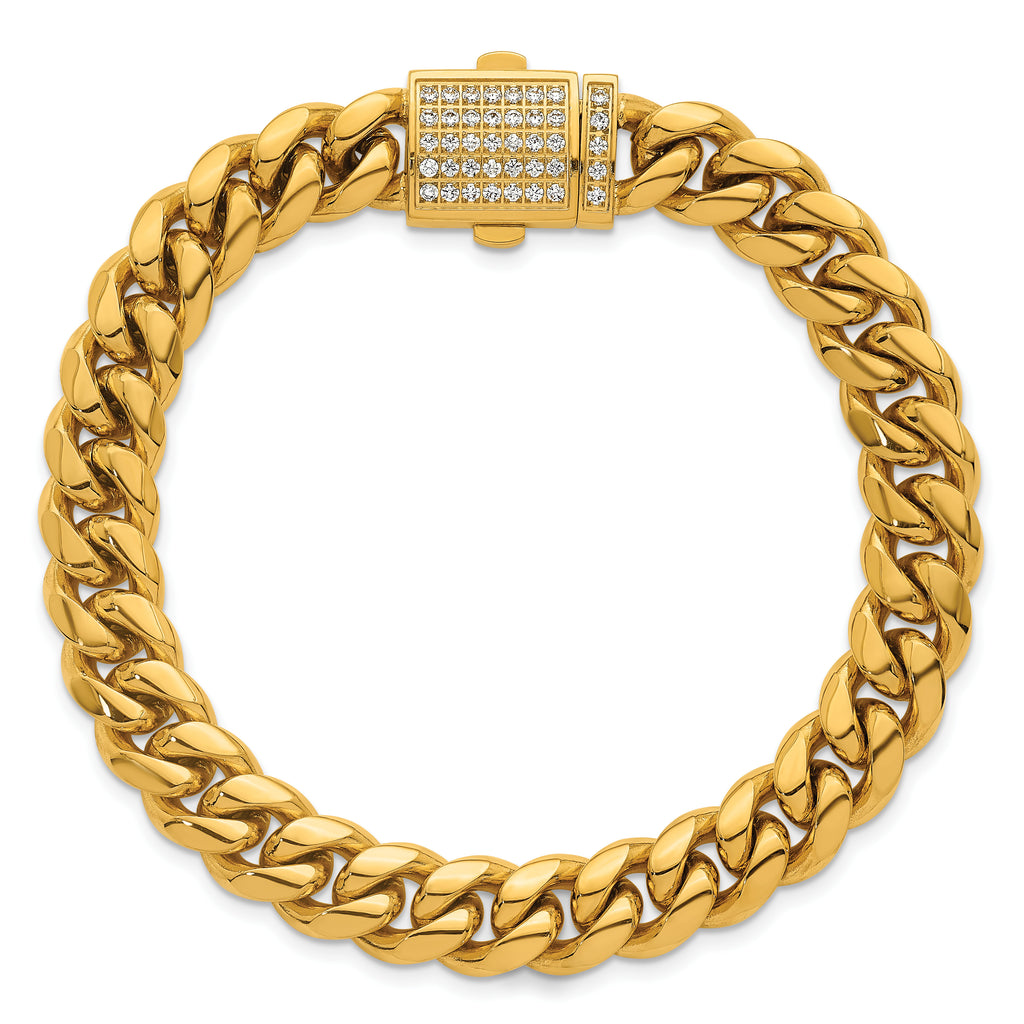 Gold-Tone Polished Cubic Zirconia Stainless Steel Curb Chain Bracelet 10mm