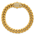 Gold-Tone Polished Cubic Zirconia Stainless Steel Curb Chain Bracelet 10mm