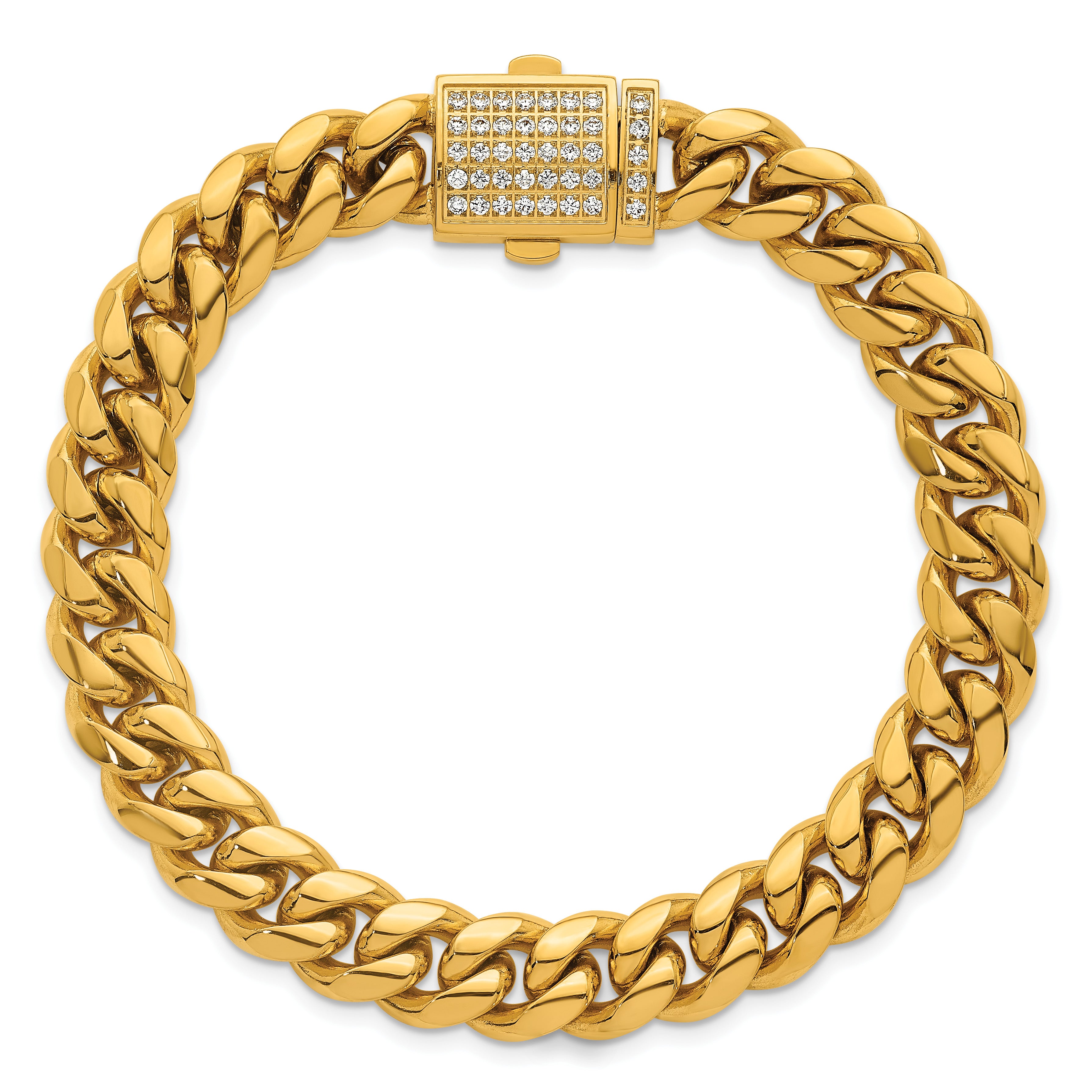 Gold-Tone Polished Cubic Zirconia Stainless Steel Curb Chain Bracelet 10mm