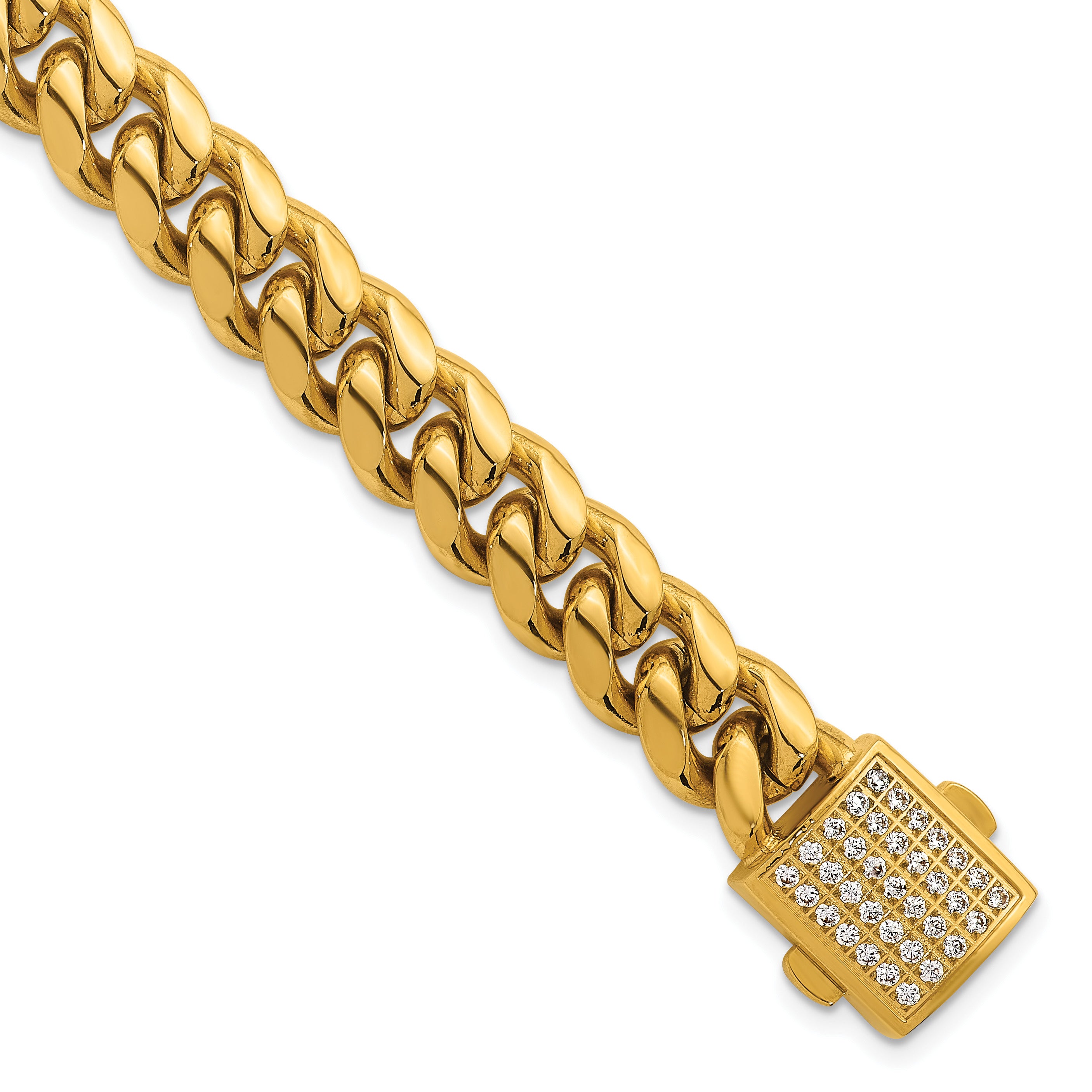 Gold-Tone Polished Cubic Zirconia Stainless Steel Curb Chain Bracelet 10mm Main image