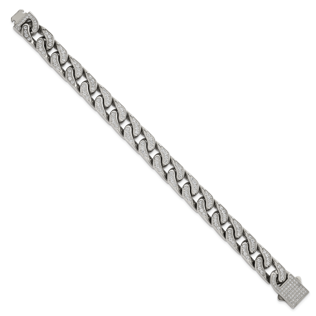 Polished Cubic Zirconia Stainless Steel Cable Chain Bracelet 12mm
