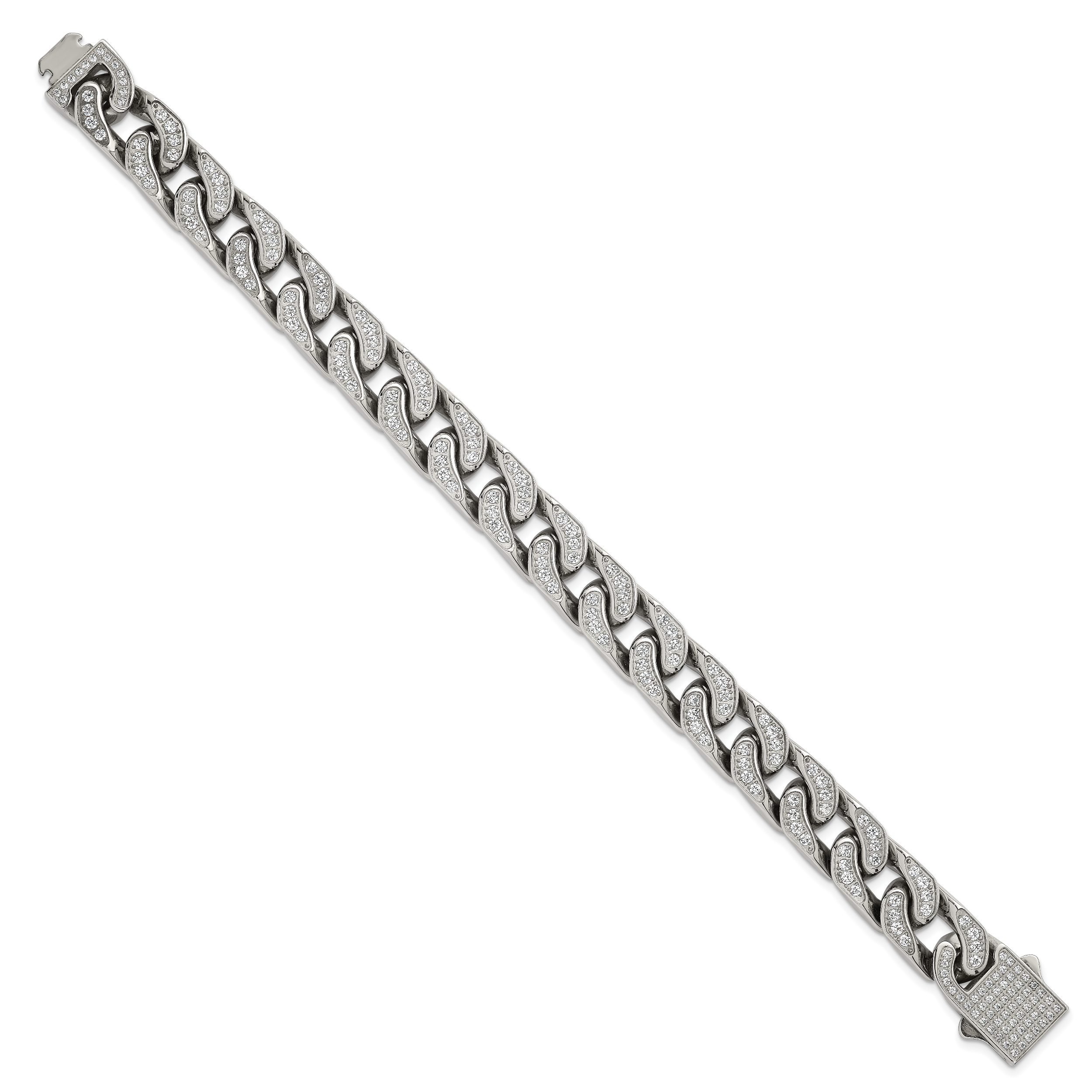 Polished Cubic Zirconia Stainless Steel Cable Chain Bracelet 12mm