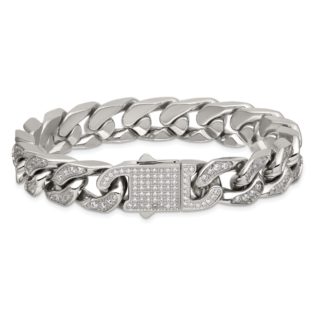 Polished Cubic Zirconia Stainless Steel Cable Chain Bracelet 12mm