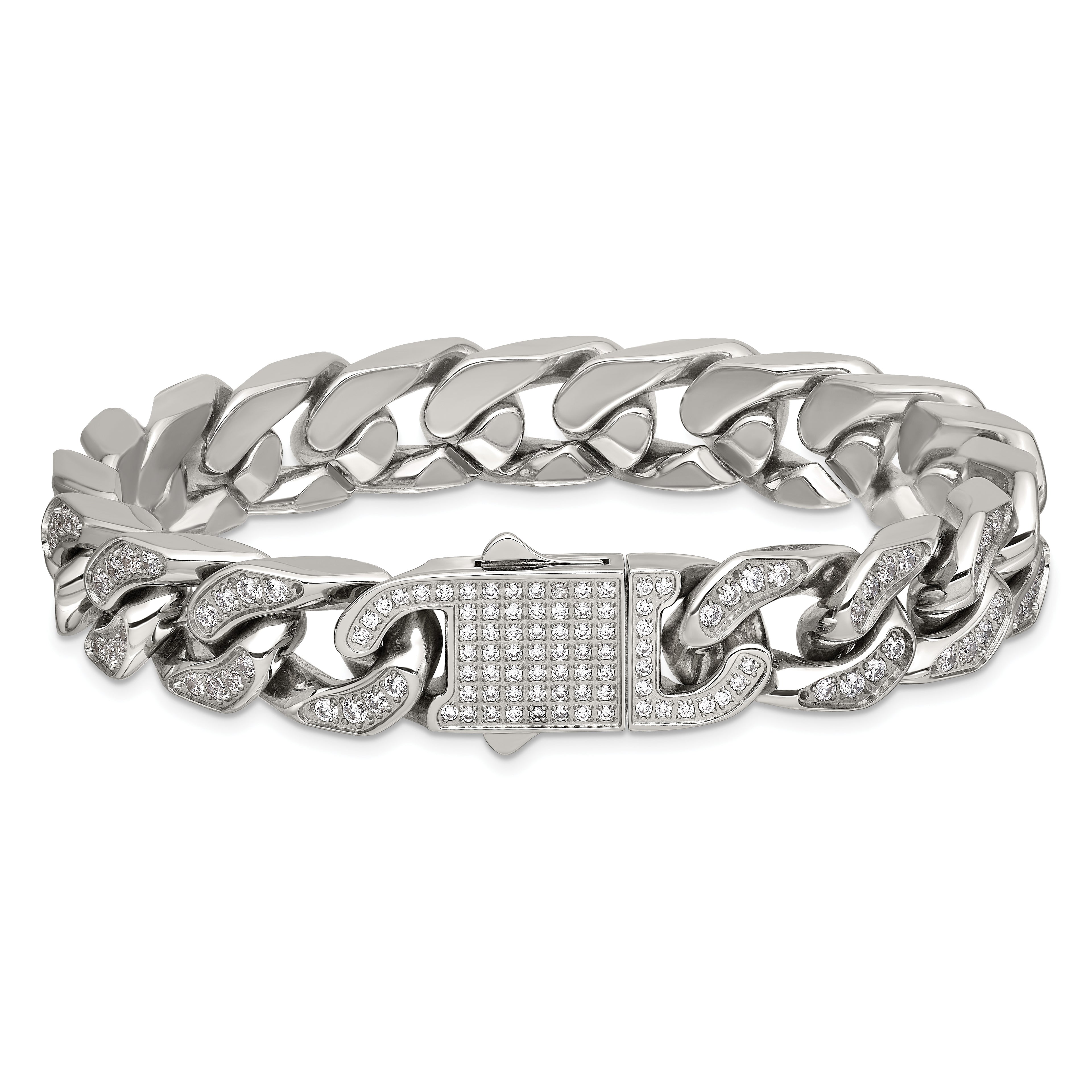 Polished Cubic Zirconia Stainless Steel Cable Chain Bracelet 12mm