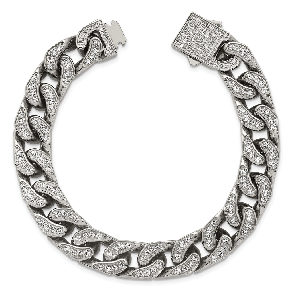 Polished Cubic Zirconia Stainless Steel Cable Chain Bracelet 12mm