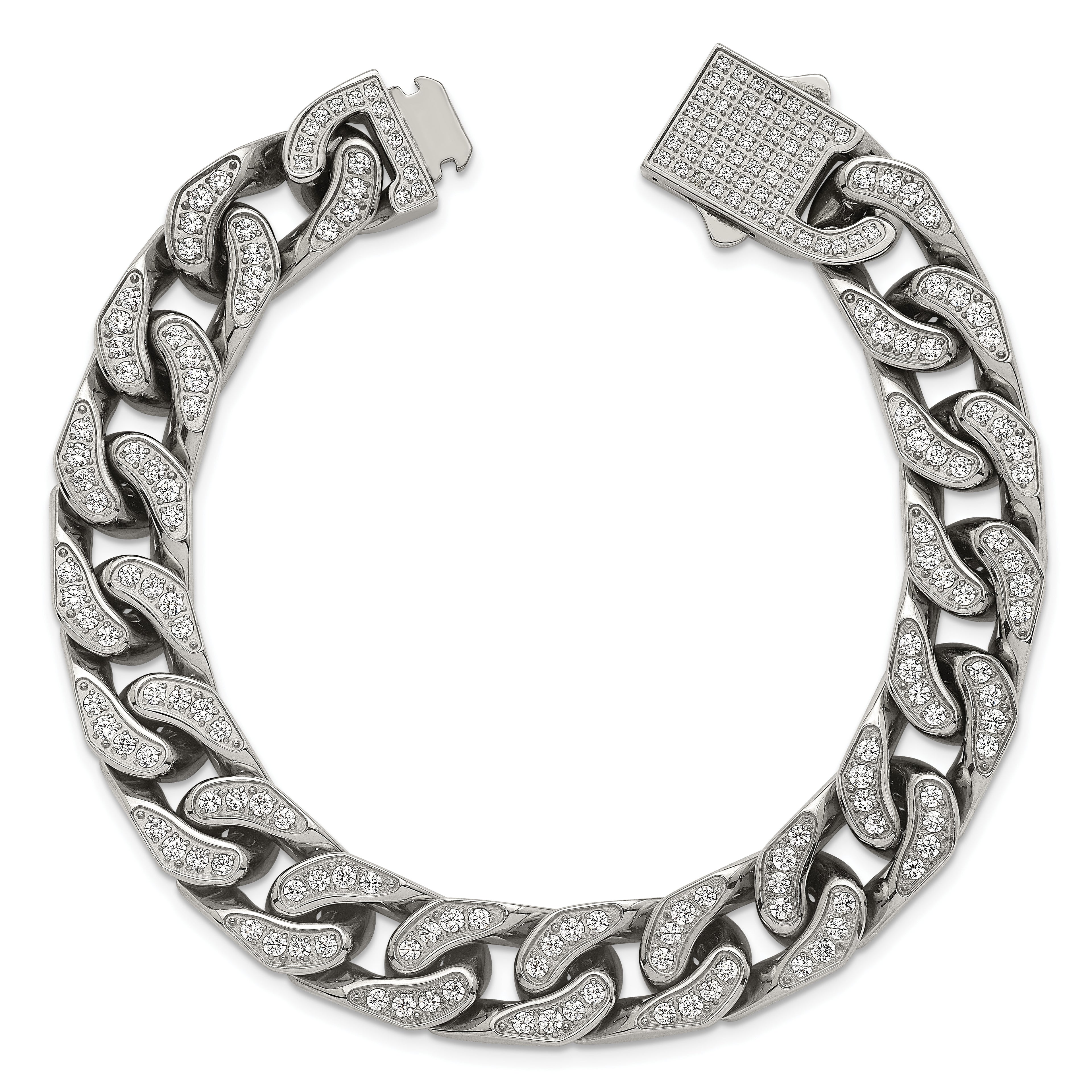 Polished Cubic Zirconia Stainless Steel Cable Chain Bracelet 12mm