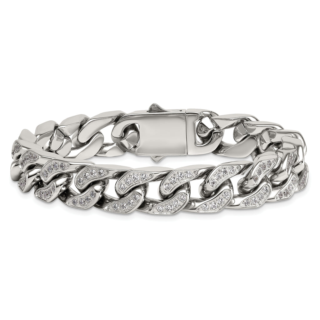 Polished Cubic Zirconia Stainless Steel Cable Chain Bracelet 12mm