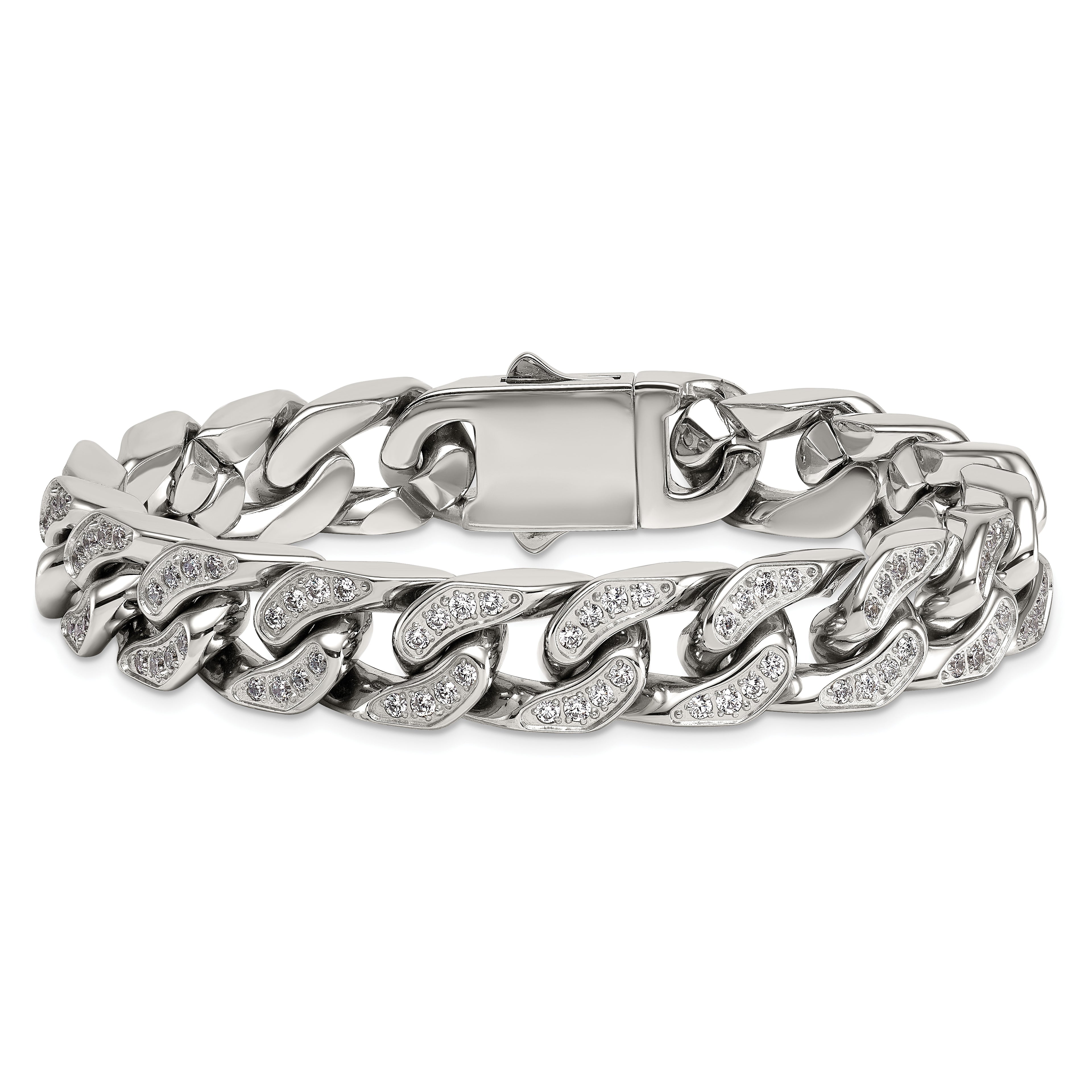 Polished Cubic Zirconia Stainless Steel Cable Chain Bracelet 12mm