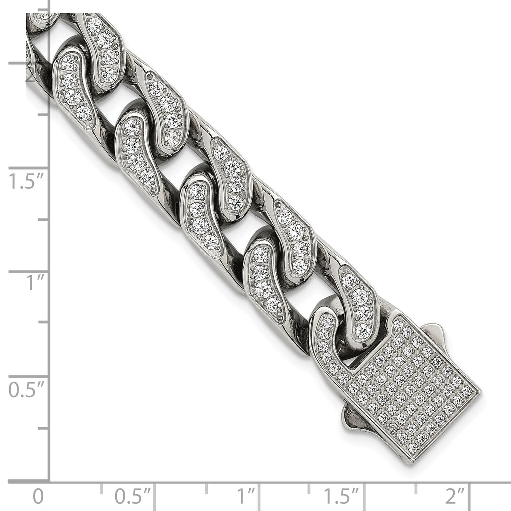 Polished Cubic Zirconia Stainless Steel Cable Chain Bracelet 12mm