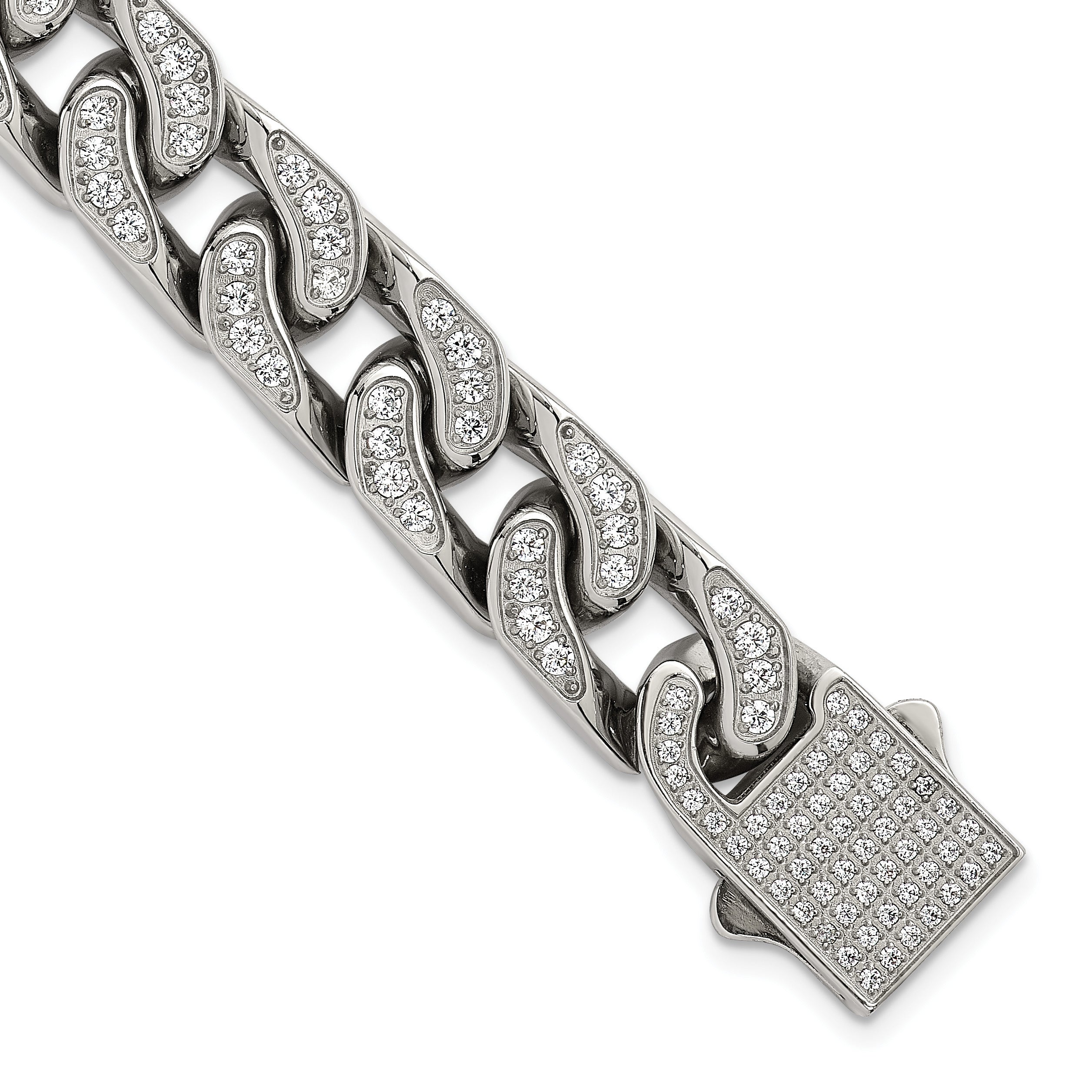 Polished Cubic Zirconia Stainless Steel Cable Chain Bracelet 12mm