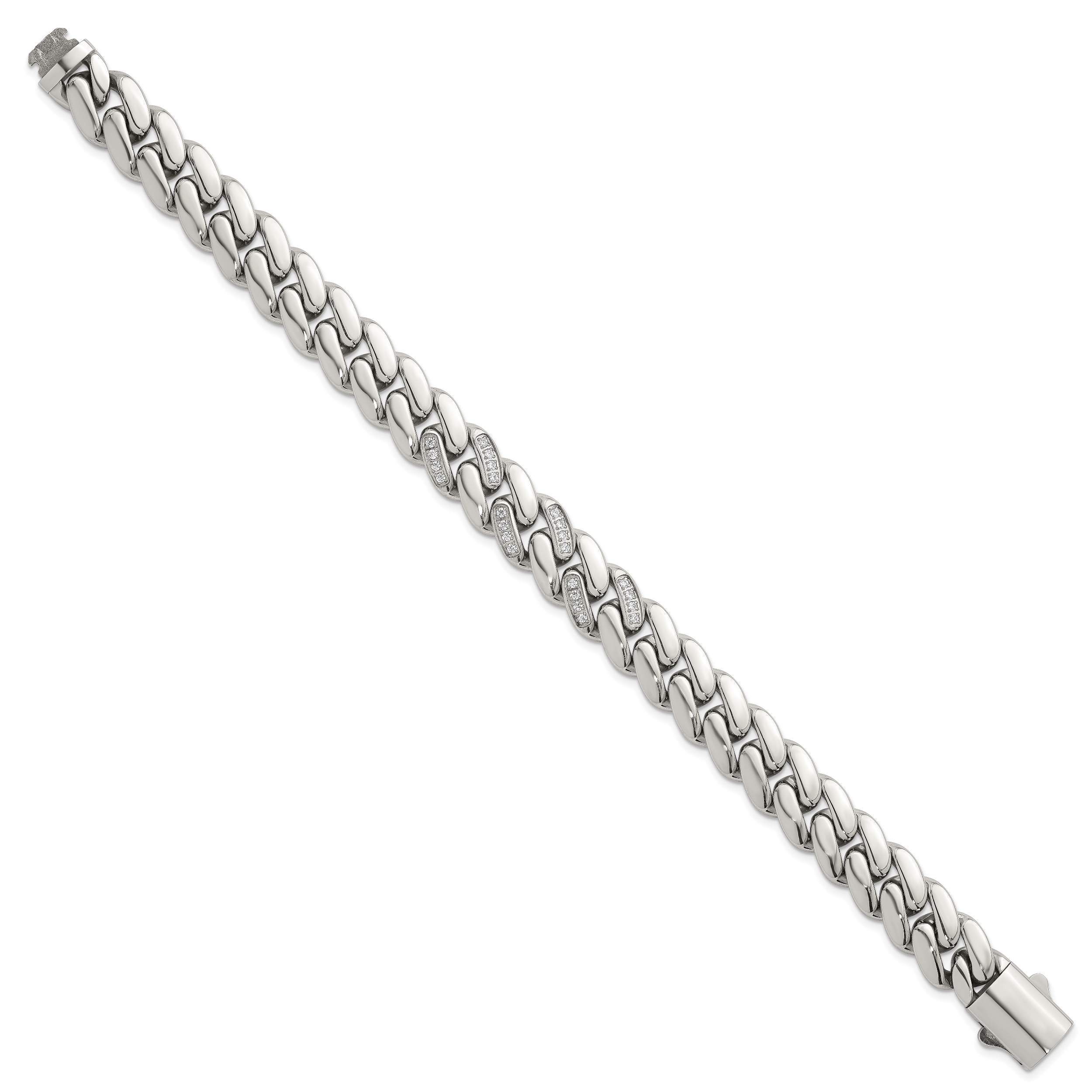 Polished Cubic Zirconia Stainless Steel Cable Chain Bracelet 12mm 8.5in
