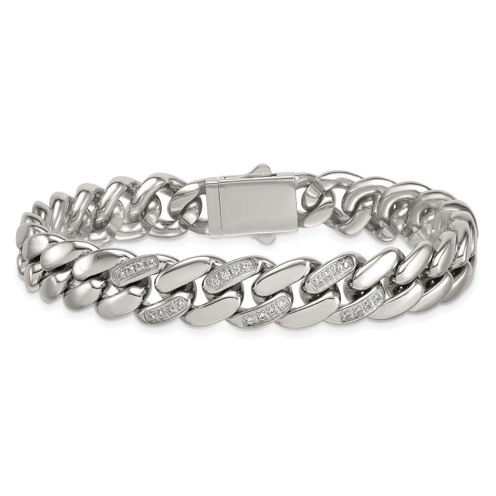 Polished Cubic Zirconia Stainless Steel Cable Chain Bracelet 12mm 8.5in