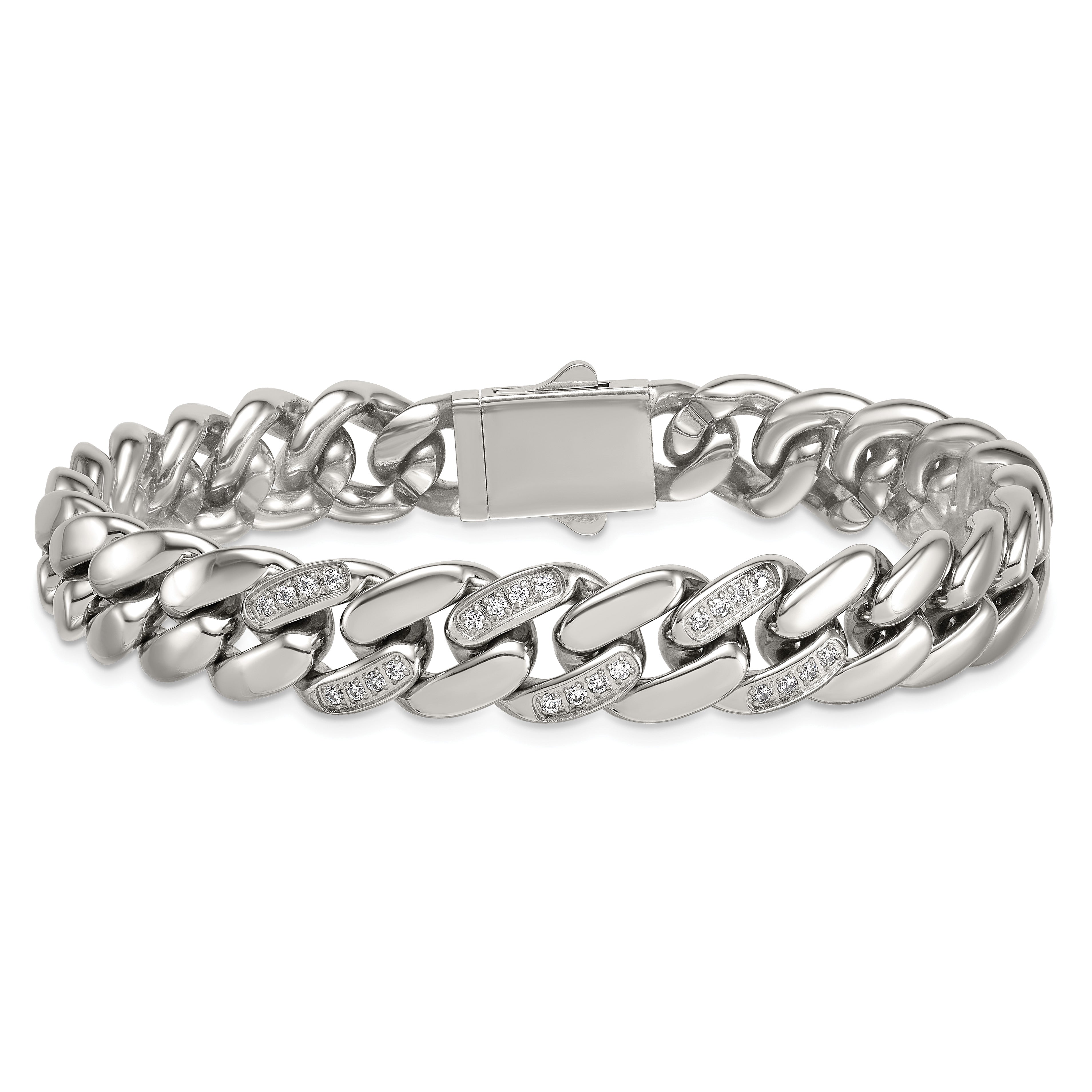 Polished Cubic Zirconia Stainless Steel Cable Chain Bracelet 12mm 8.5in