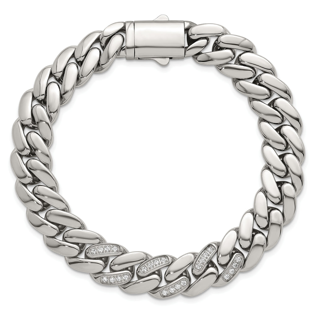 Polished Cubic Zirconia Stainless Steel Cable Chain Bracelet 12mm 8.5in