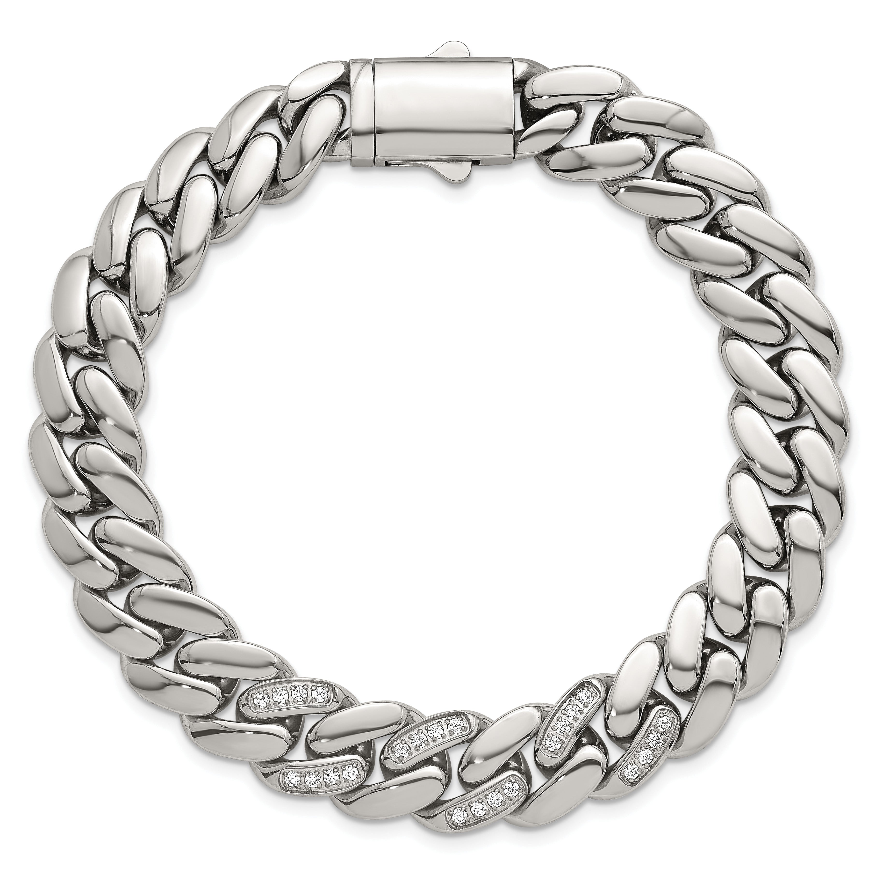 Polished Cubic Zirconia Stainless Steel Cable Chain Bracelet 12mm 8.5in