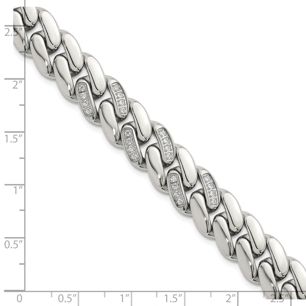 Polished Cubic Zirconia Stainless Steel Cable Chain Bracelet 12mm 8.5in