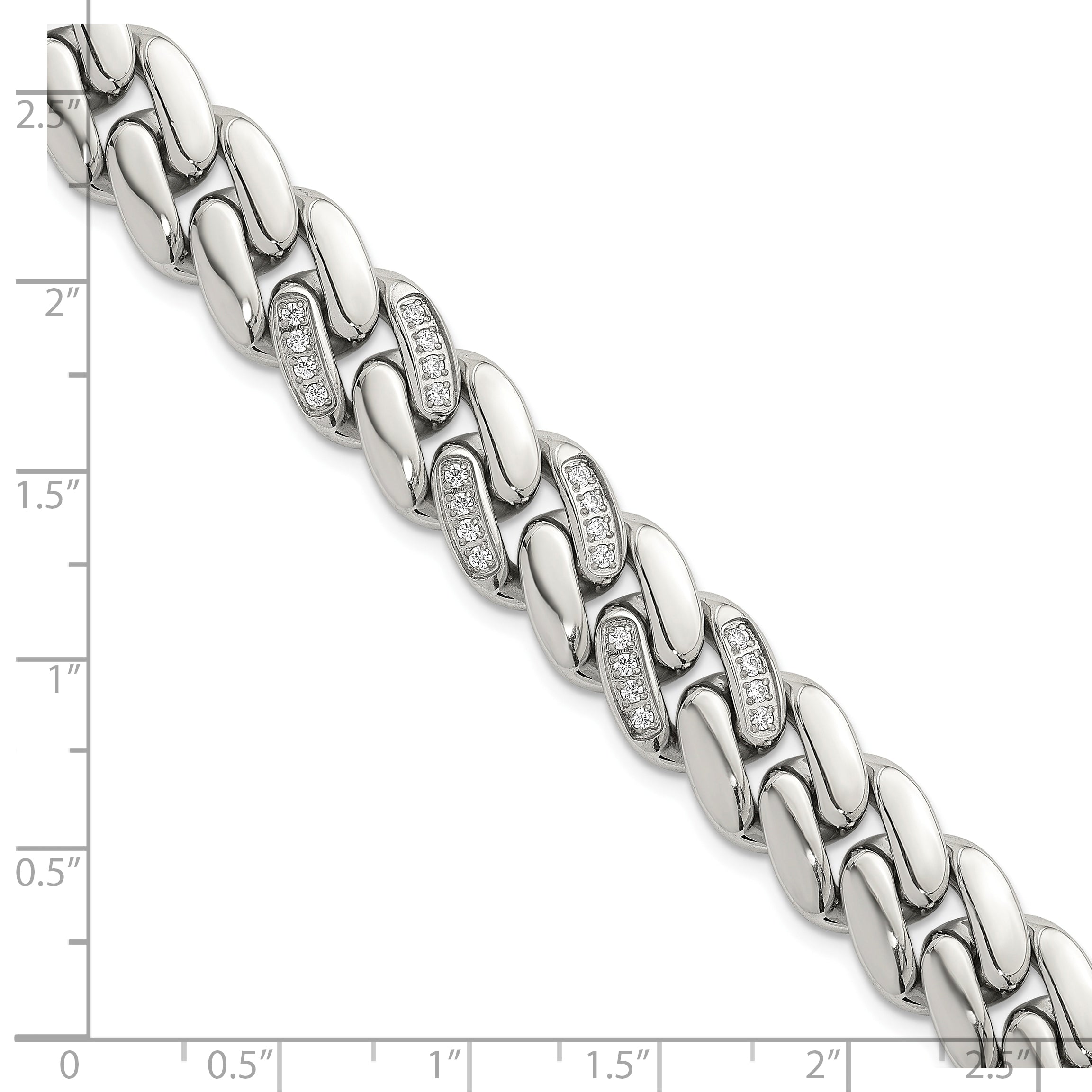 Polished Cubic Zirconia Stainless Steel Cable Chain Bracelet 12mm 8.5in