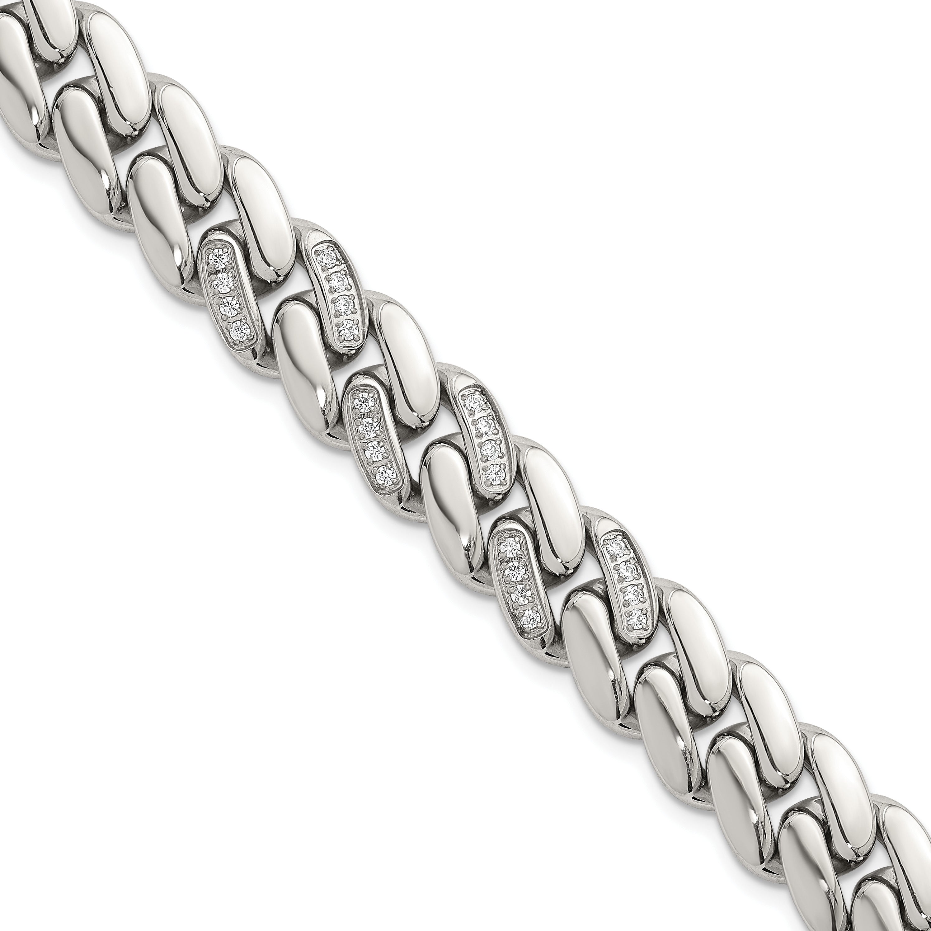 Polished Cubic Zirconia Stainless Steel Cable Chain Bracelet 12mm 8.5in Main image
