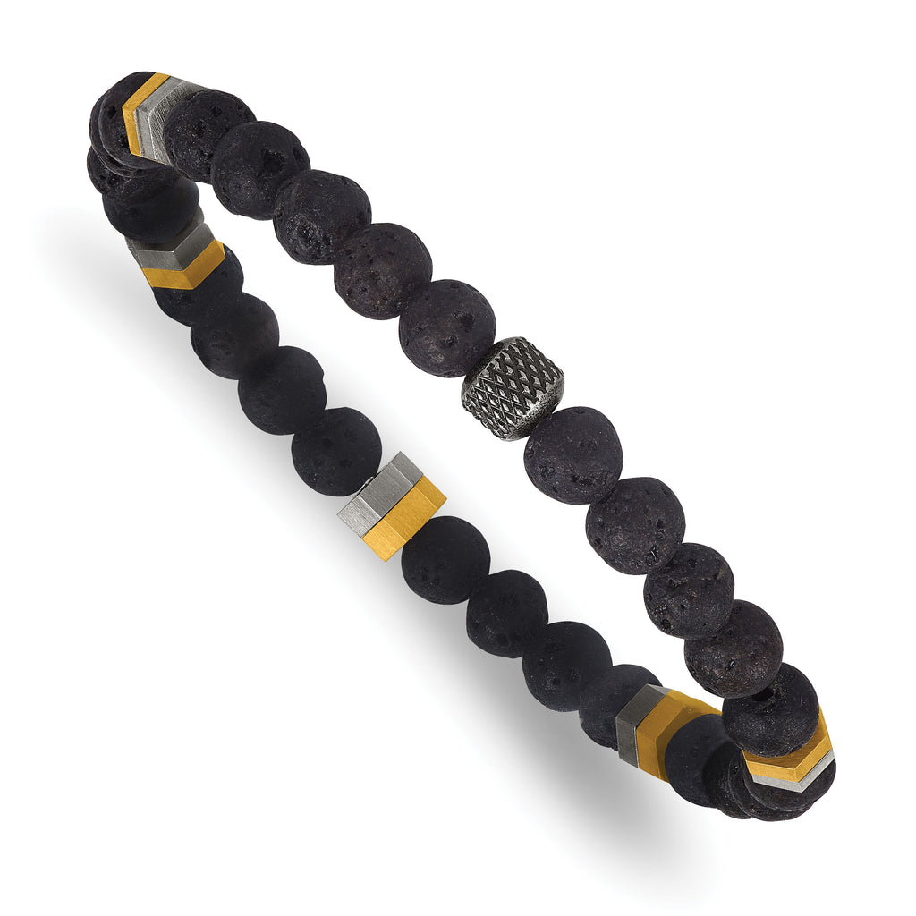 Gold-Tone Antiqued Black Lava Stone Stainless Steel Bracelet