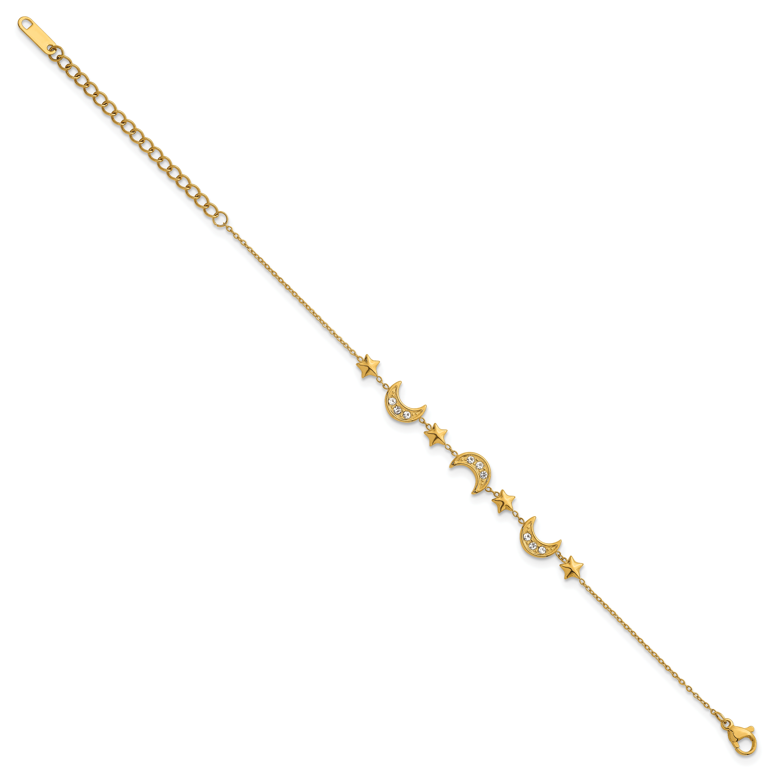Gold-Tone Polished Crystal Moon and Stars Stainless Steel Bracelet