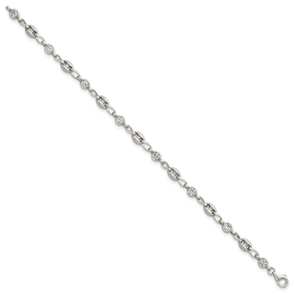Polished Cubic Zirconia Anchor Stainless Steel Bracelet 4.35mm