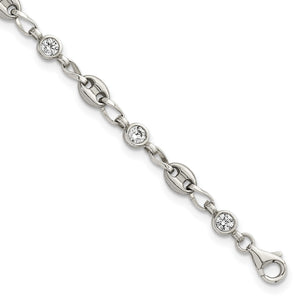 CZ Anchor Link Bracelet in Stainless Steel & Sterling Silver - Sophia Jewelers