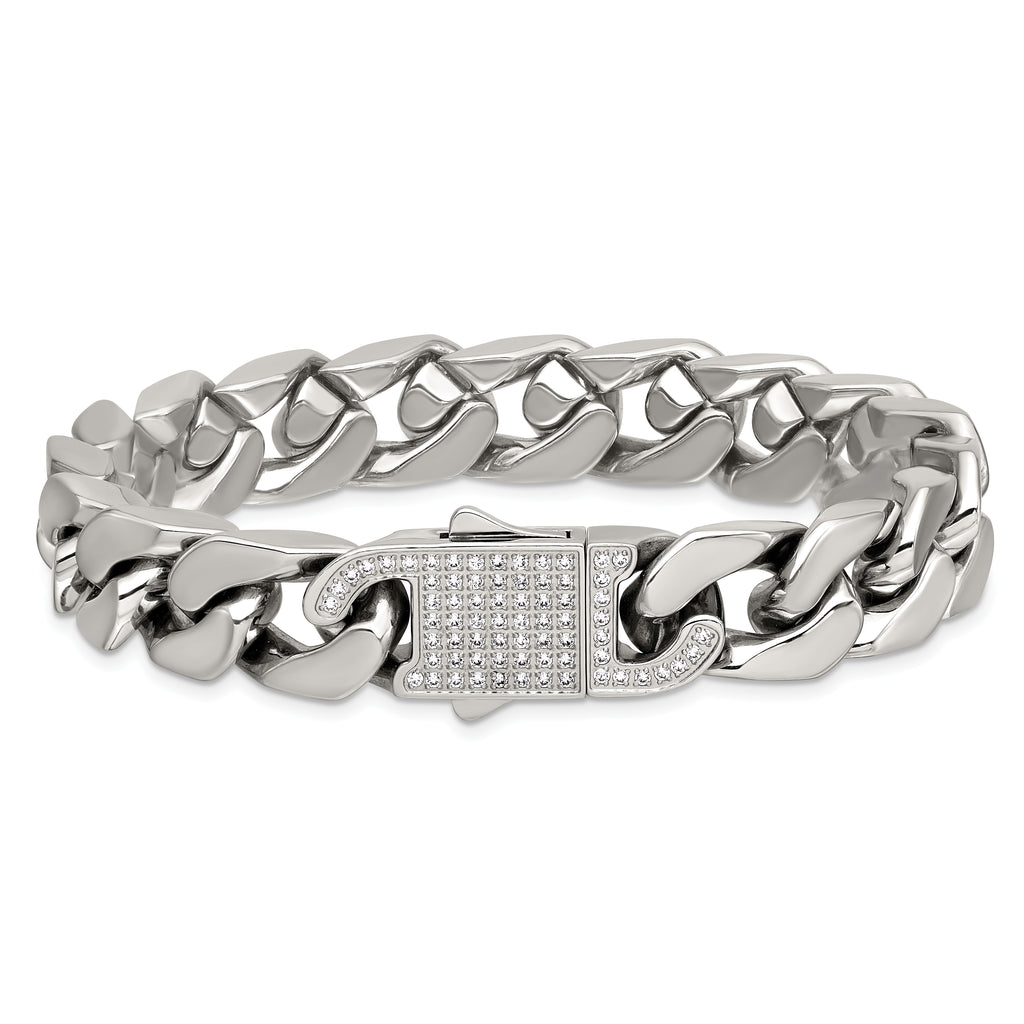 Polished Cubic Zirconia Stainless Steel Cable Chain Bracelet 12mm 8.5in