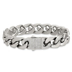 Polished Cubic Zirconia Stainless Steel Cable Chain Bracelet 12mm 8.5in