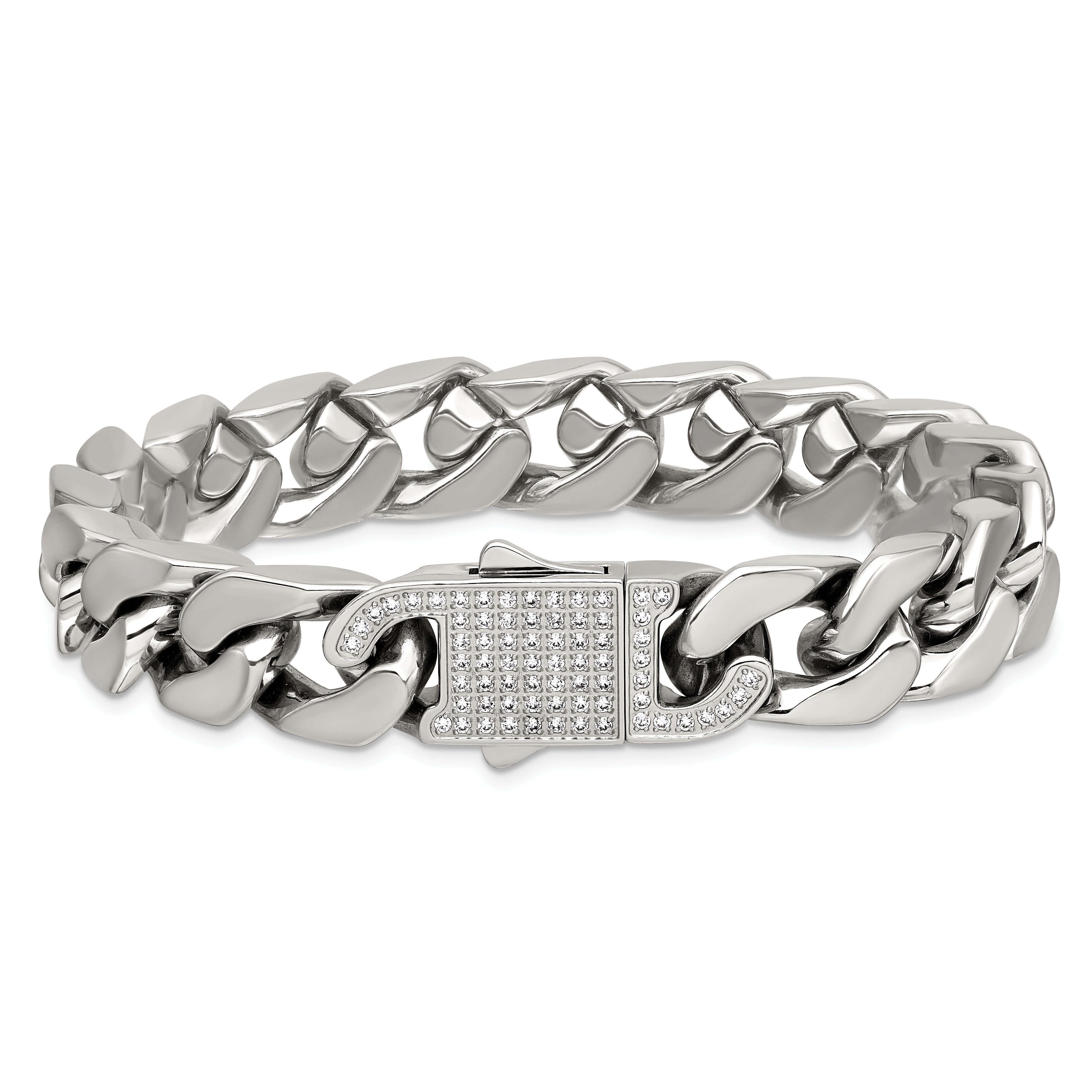Polished Cubic Zirconia Stainless Steel Cable Chain Bracelet 12mm 8.5in