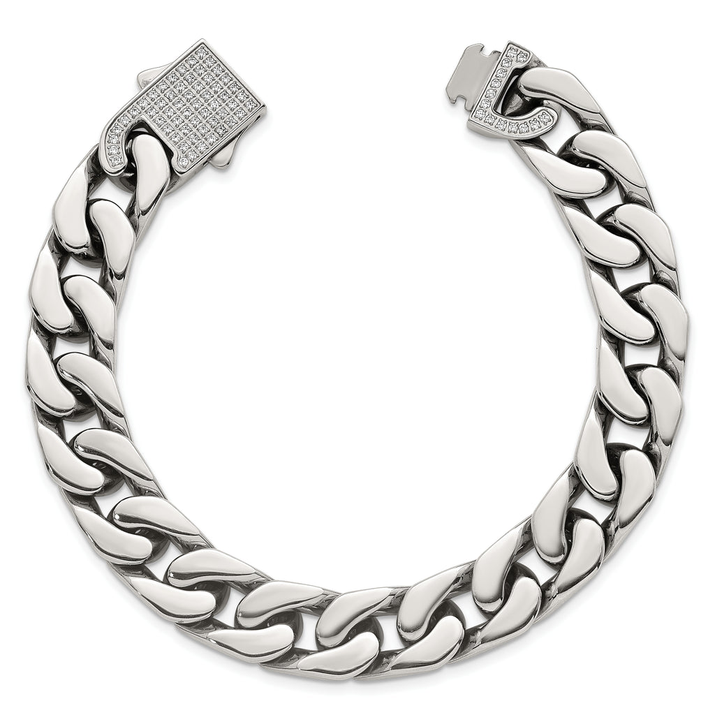 Polished Cubic Zirconia Stainless Steel Cable Chain Bracelet 12mm 8.5in