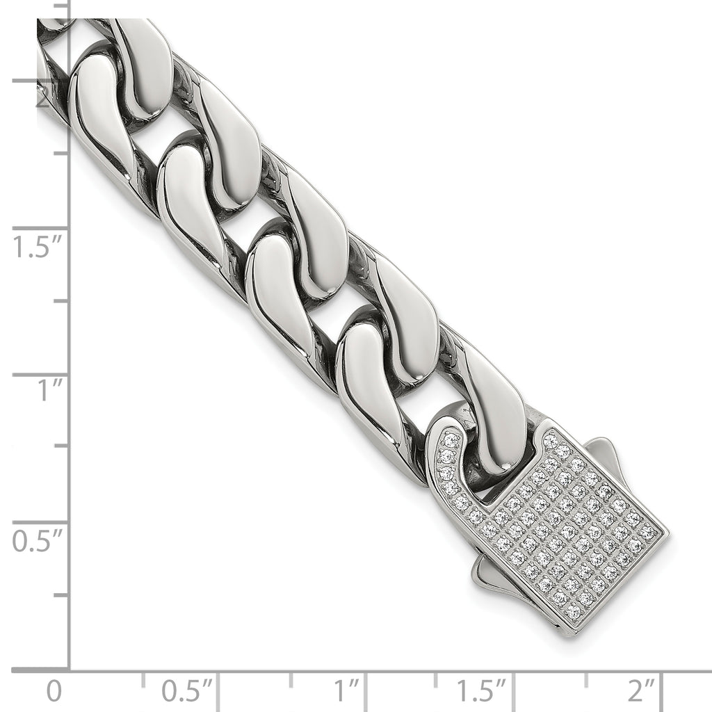 Polished Cubic Zirconia Stainless Steel Cable Chain Bracelet 12mm 8.5in