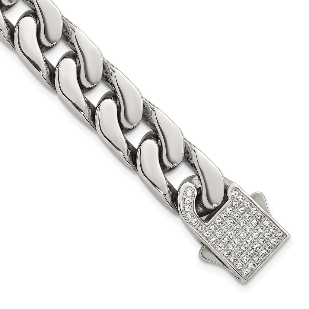 Polished Cubic Zirconia Stainless Steel Cable Chain Bracelet 12mm 8.5in