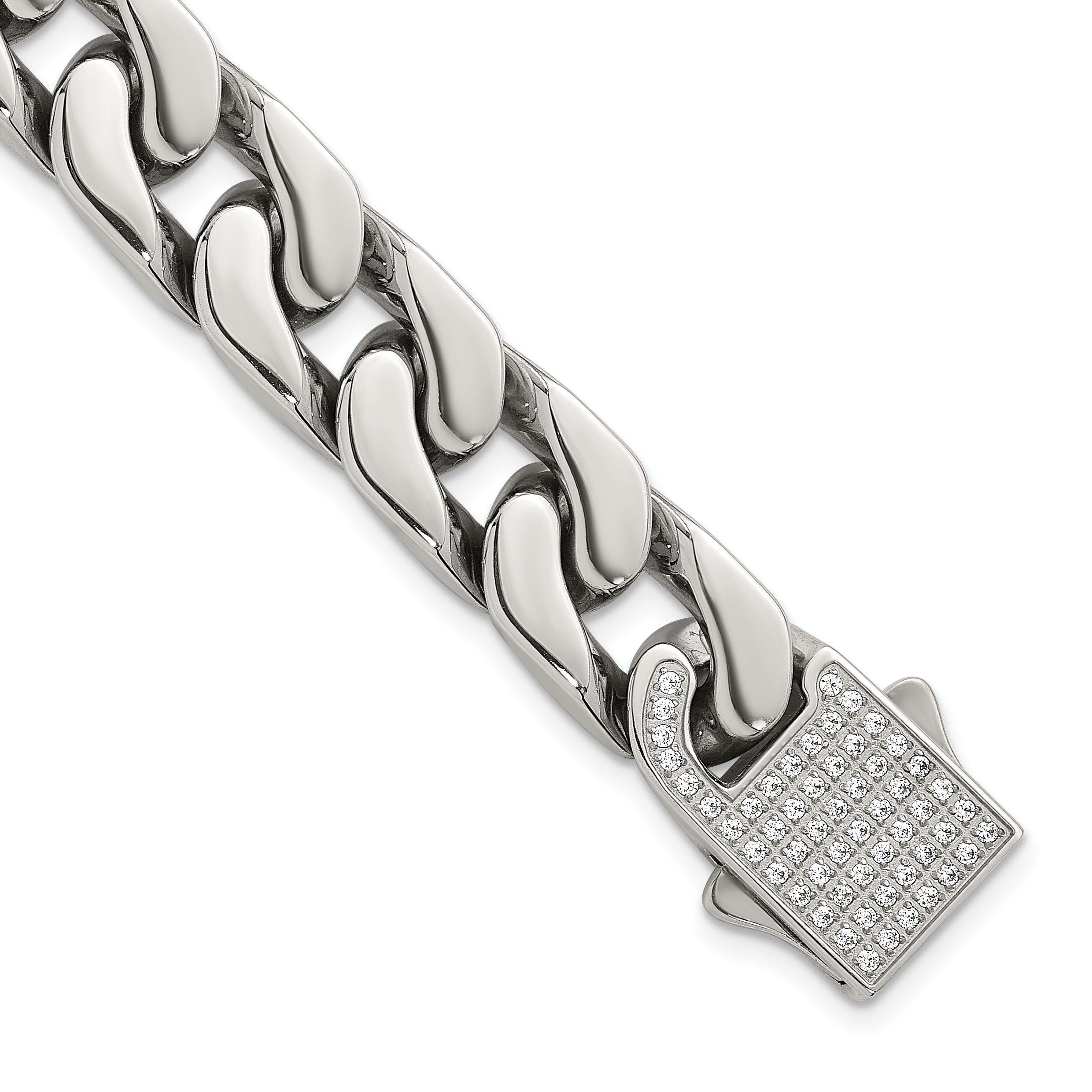 Polished Cubic Zirconia Stainless Steel Cable Chain Bracelet 12mm 8.5in