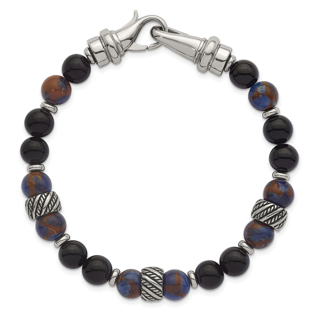 Antiqued Multi-color Onyx Stainless Steel Bracelet
