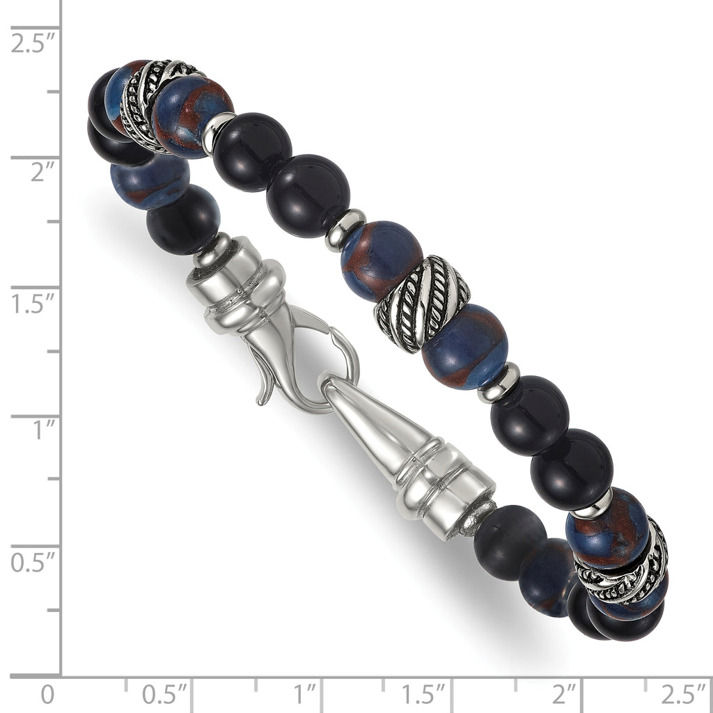 Antiqued Multi-color Onyx Stainless Steel Bracelet