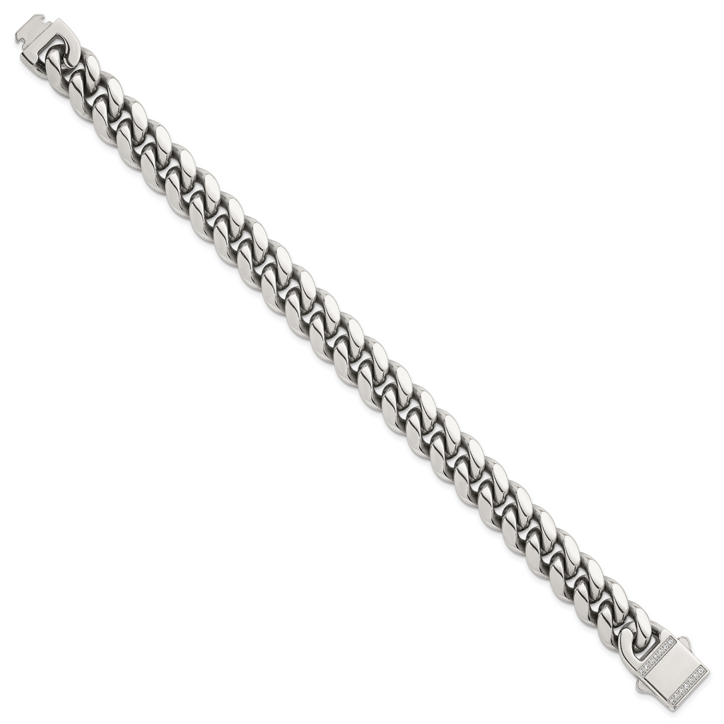 Polished Cubic Zirconia Stainless Steel Curb Chain Bracelet 12mm