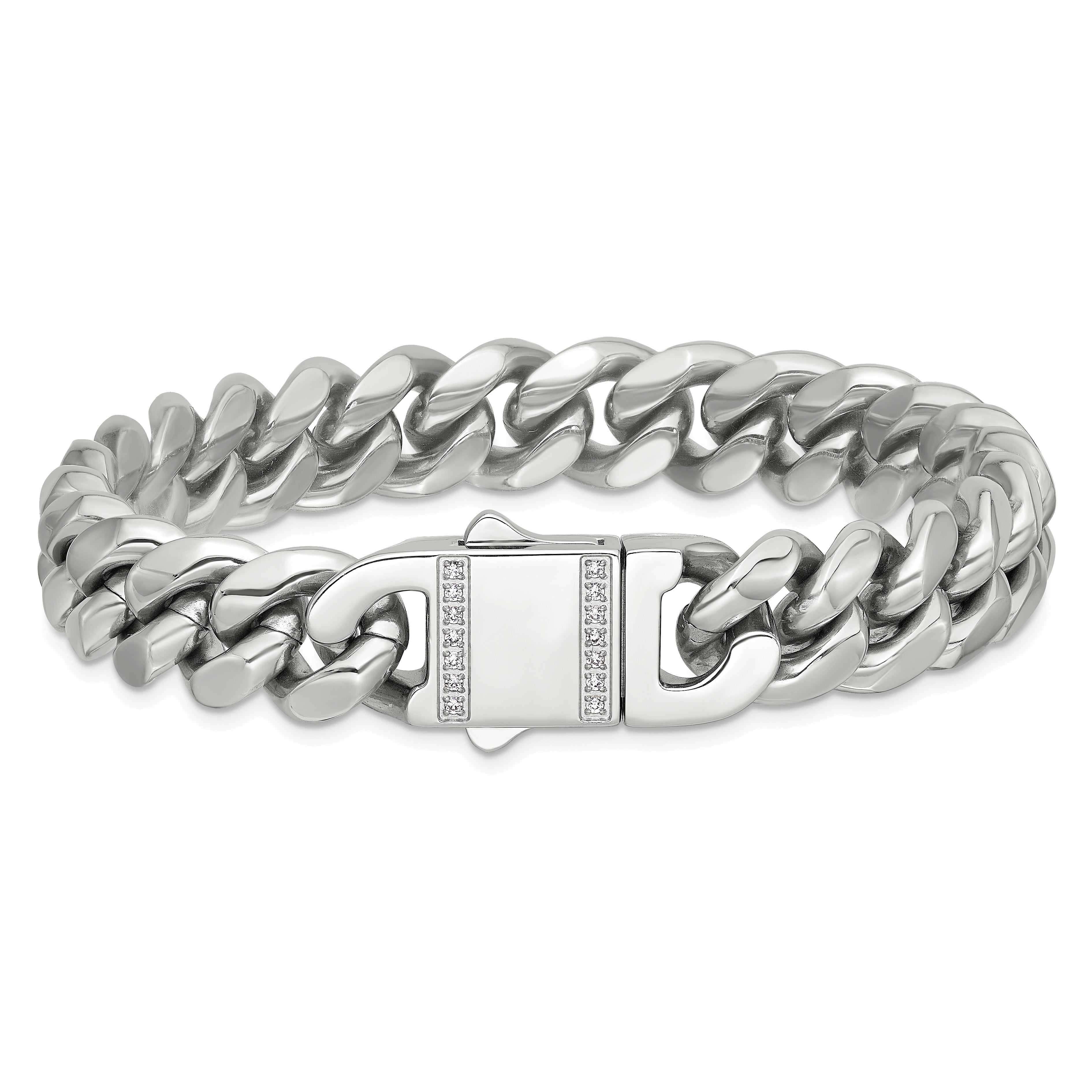 Polished Cubic Zirconia Stainless Steel Curb Chain Bracelet 12mm