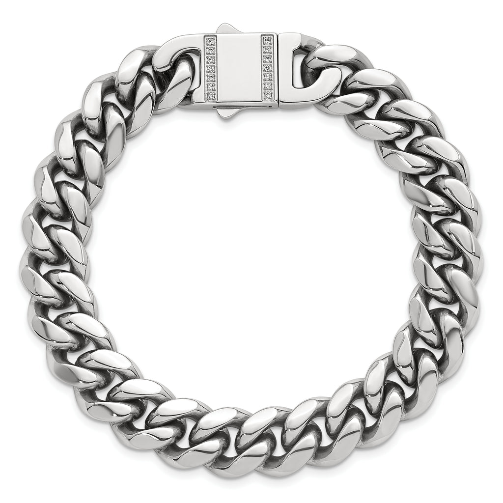 Polished Cubic Zirconia Stainless Steel Curb Chain Bracelet 12mm