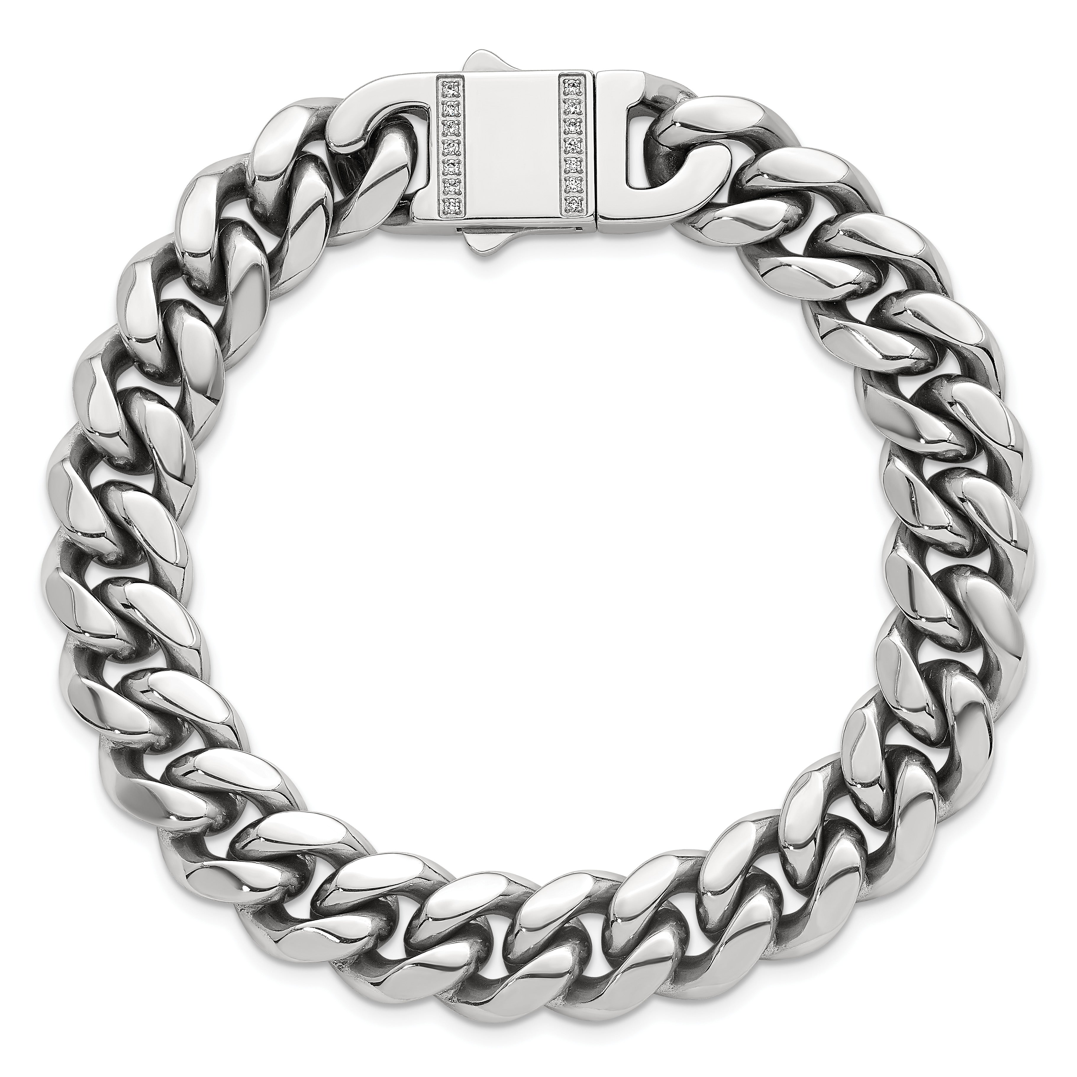 Polished Cubic Zirconia Stainless Steel Curb Chain Bracelet 12mm