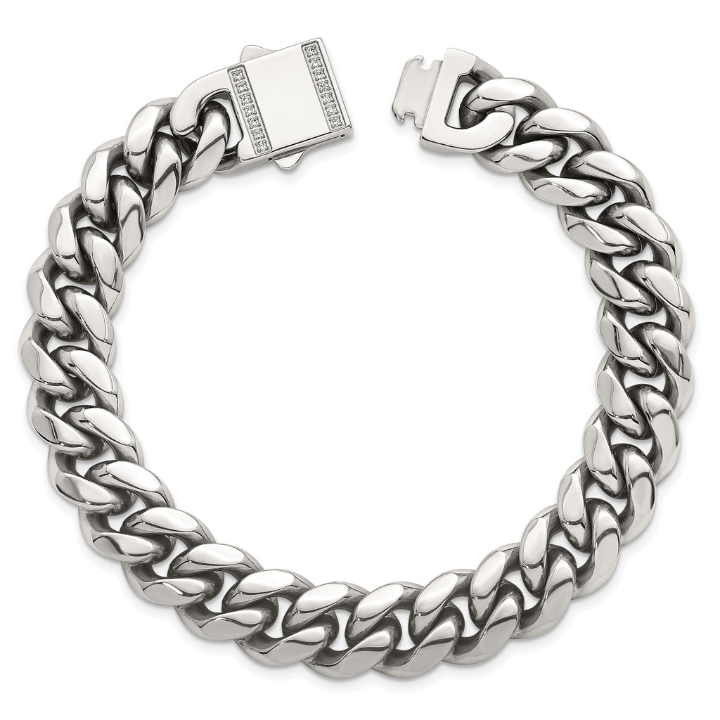 Polished Cubic Zirconia Stainless Steel Curb Chain Bracelet 12mm