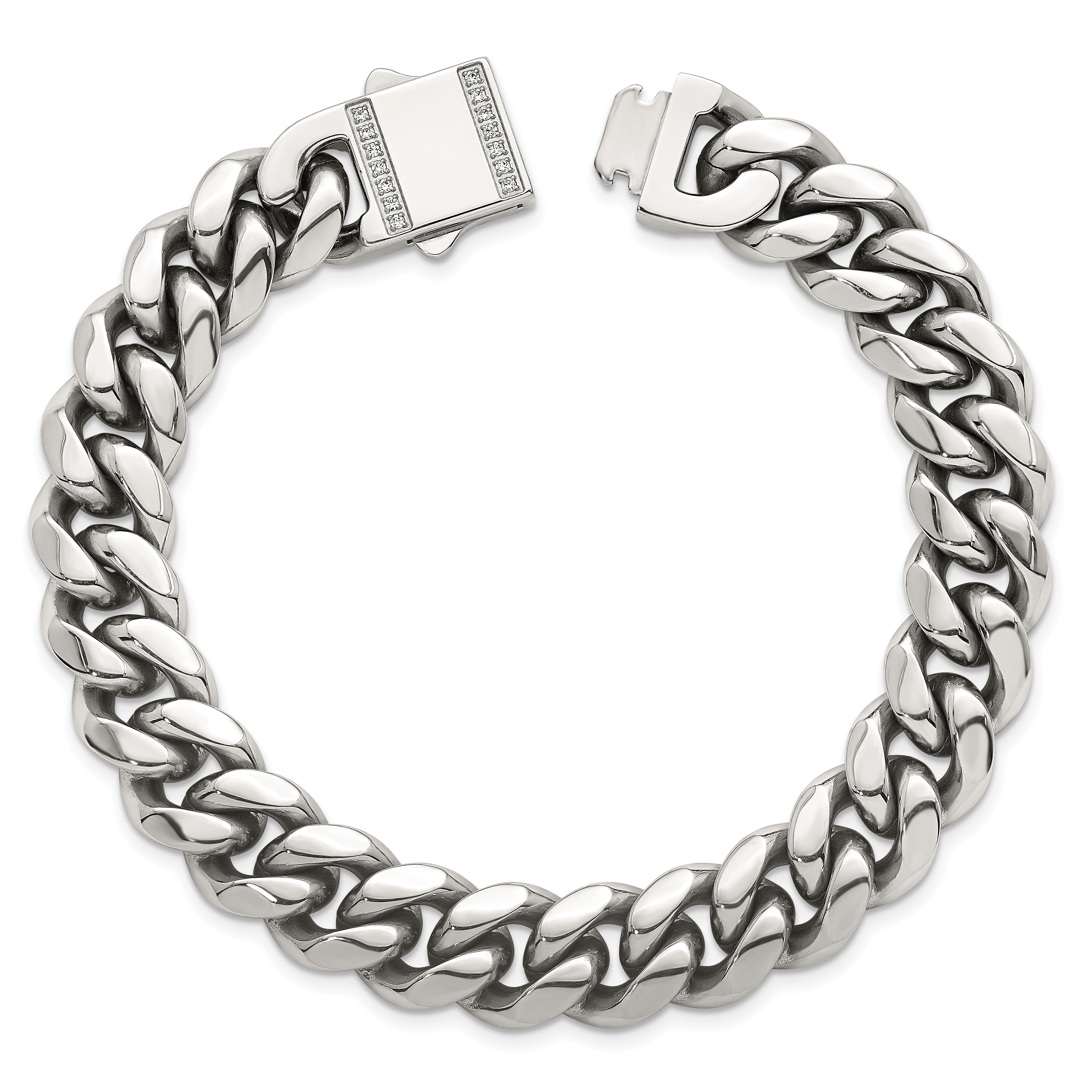 Polished Cubic Zirconia Stainless Steel Curb Chain Bracelet 12mm