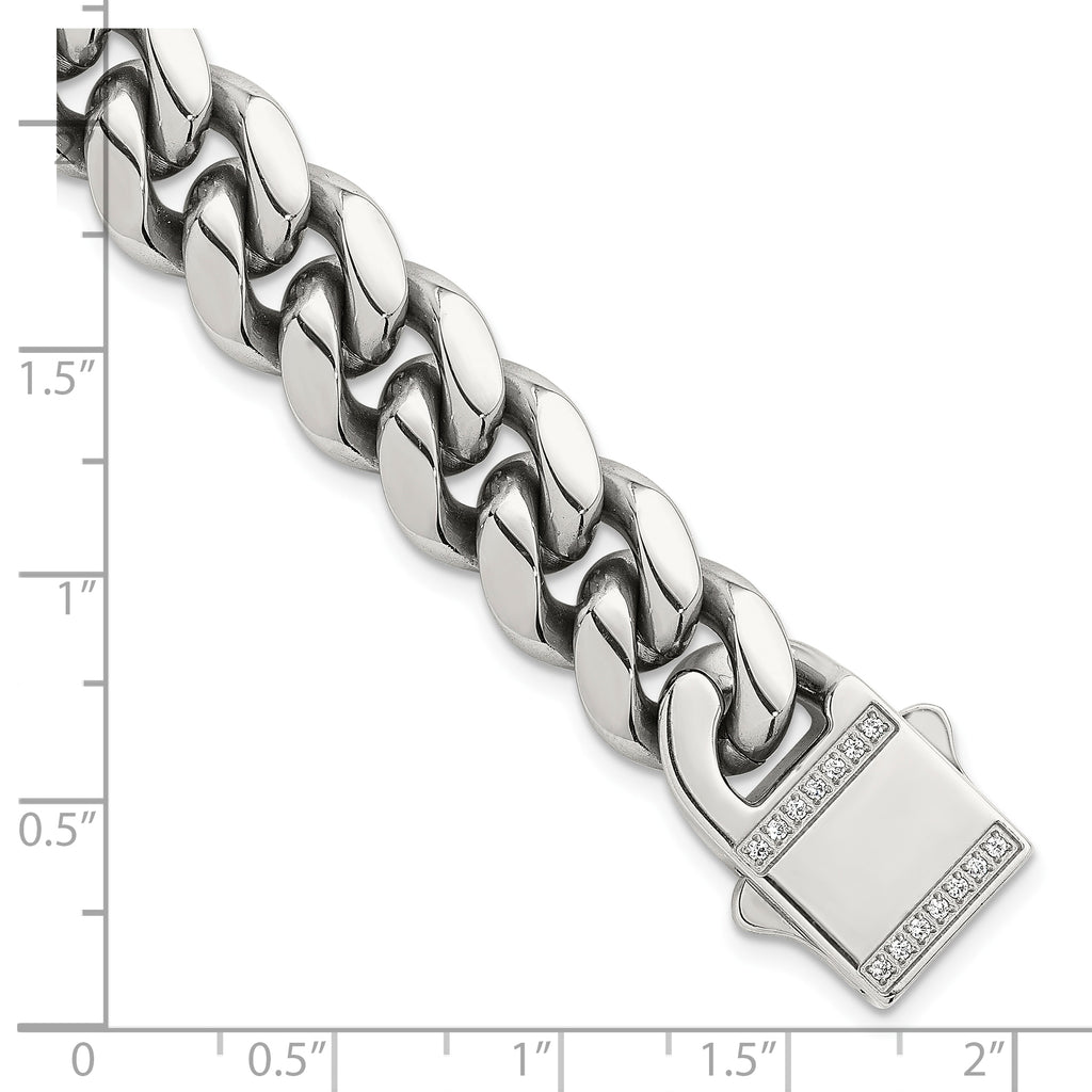 Polished Cubic Zirconia Stainless Steel Curb Chain Bracelet 12mm