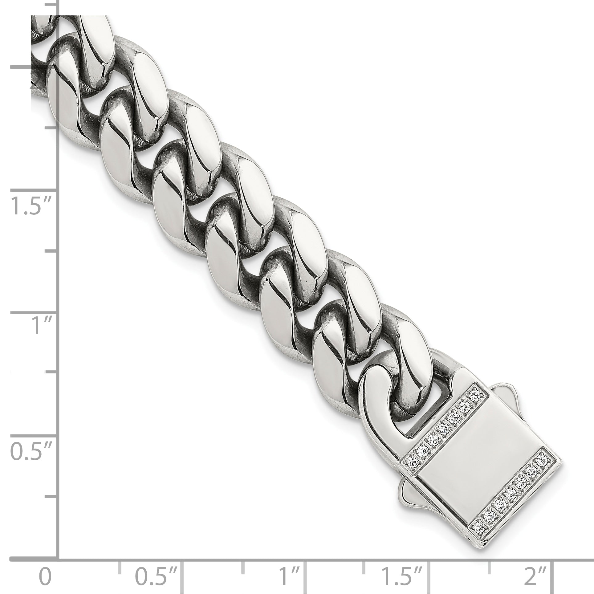 Polished Cubic Zirconia Stainless Steel Curb Chain Bracelet 12mm
