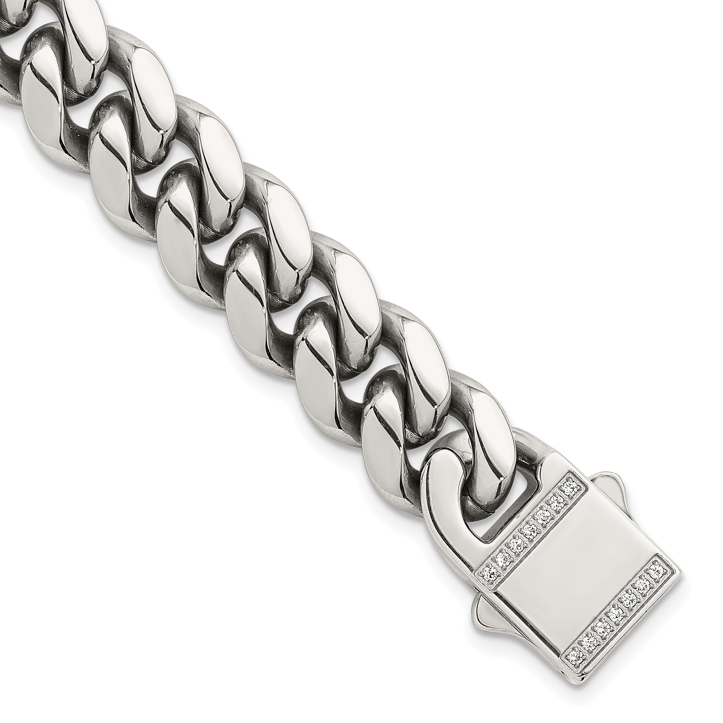 Polished Cubic Zirconia Stainless Steel Curb Chain Bracelet 12mm Main image